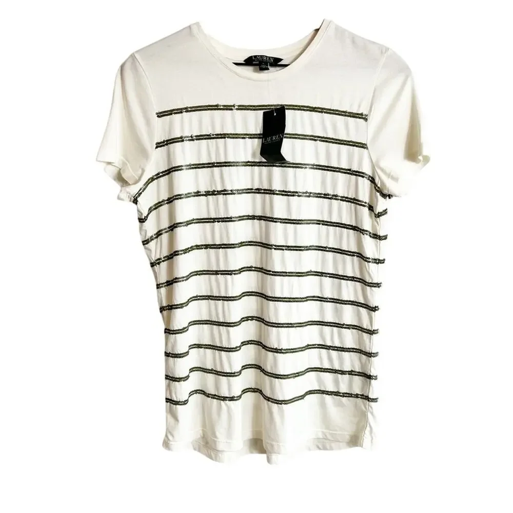 LAUREN RALPH LAUREN CREAM GREEN SEQUIN WOMEN SHORT SLEEVE TOP BRAND NEW - Picture 1 of 6